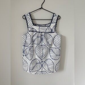 Boden Navy and White Leaf Print Blouse